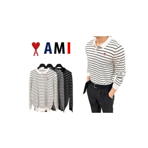 ami 아미 스몰패치 스트라이프 니트 카라티