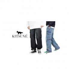 maison kitsun* 메종키츠* 헤드폭스 밑단 스트링 와이드 데님 카고바지